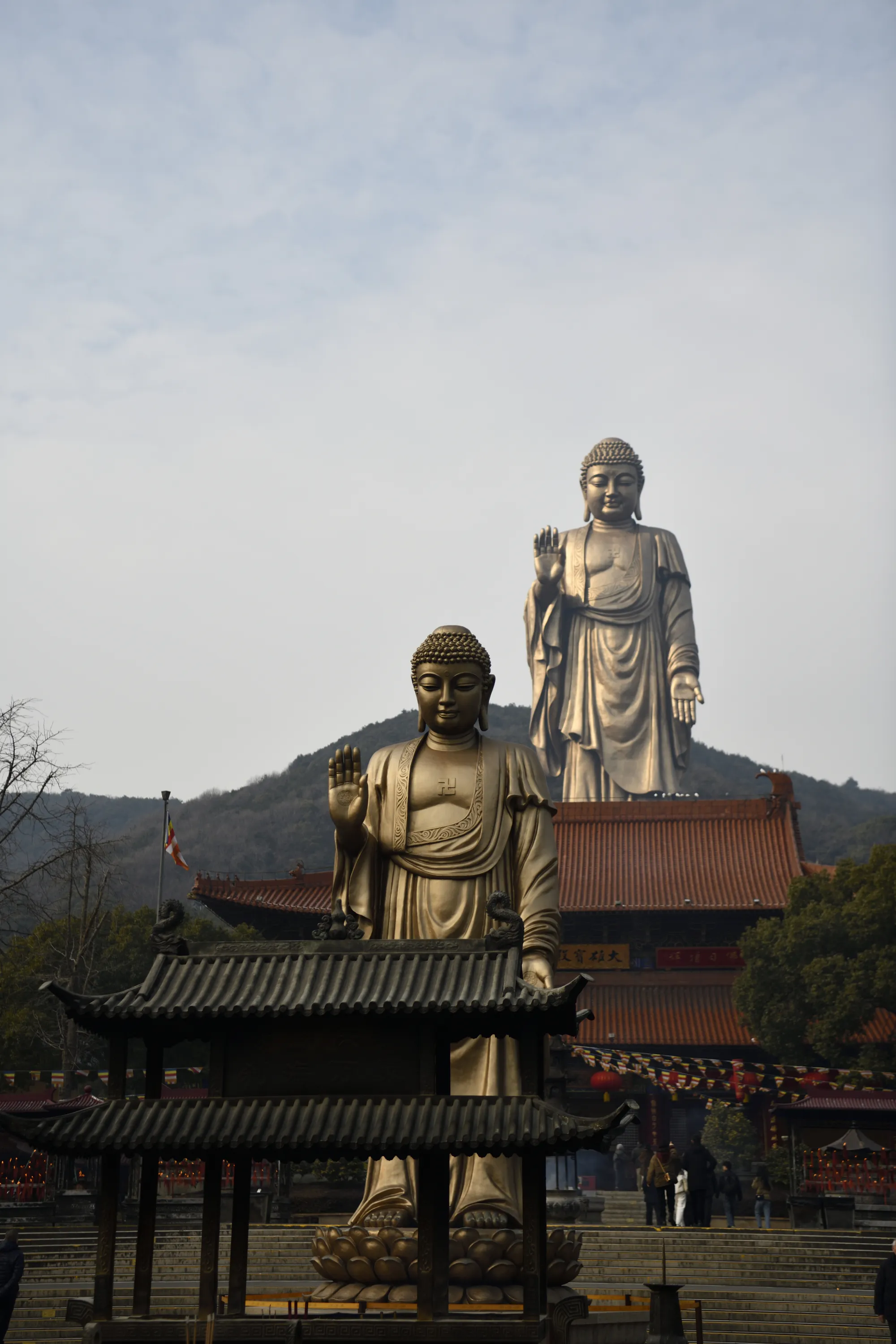 安靜寺院庭院中排列的佛像。