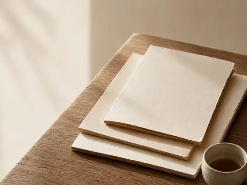 木桌上的手工纸笔记本与茶杯。