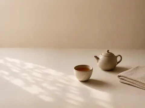 安静桌面上的陶瓷茶壶、茶杯与折布。