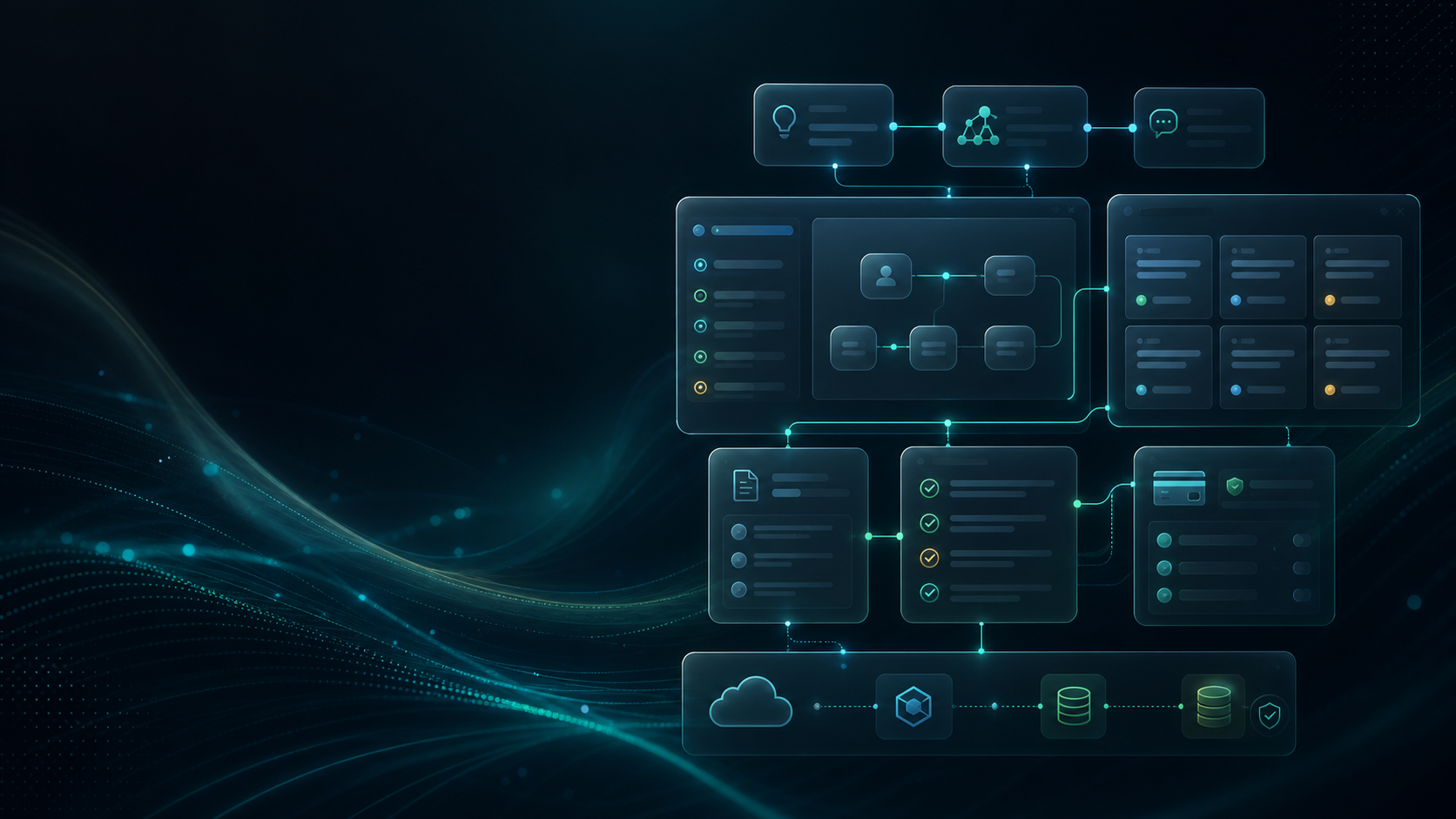 Dark AI workflow console background with abstract process panels, data paths, and delivery-prep nodes.